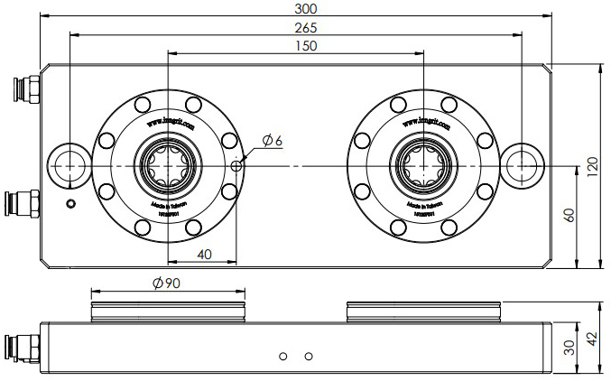 Basiseinheit mit zwei pneumatischen 90 mm Spanntöpfen und einer Indexierbohrung.