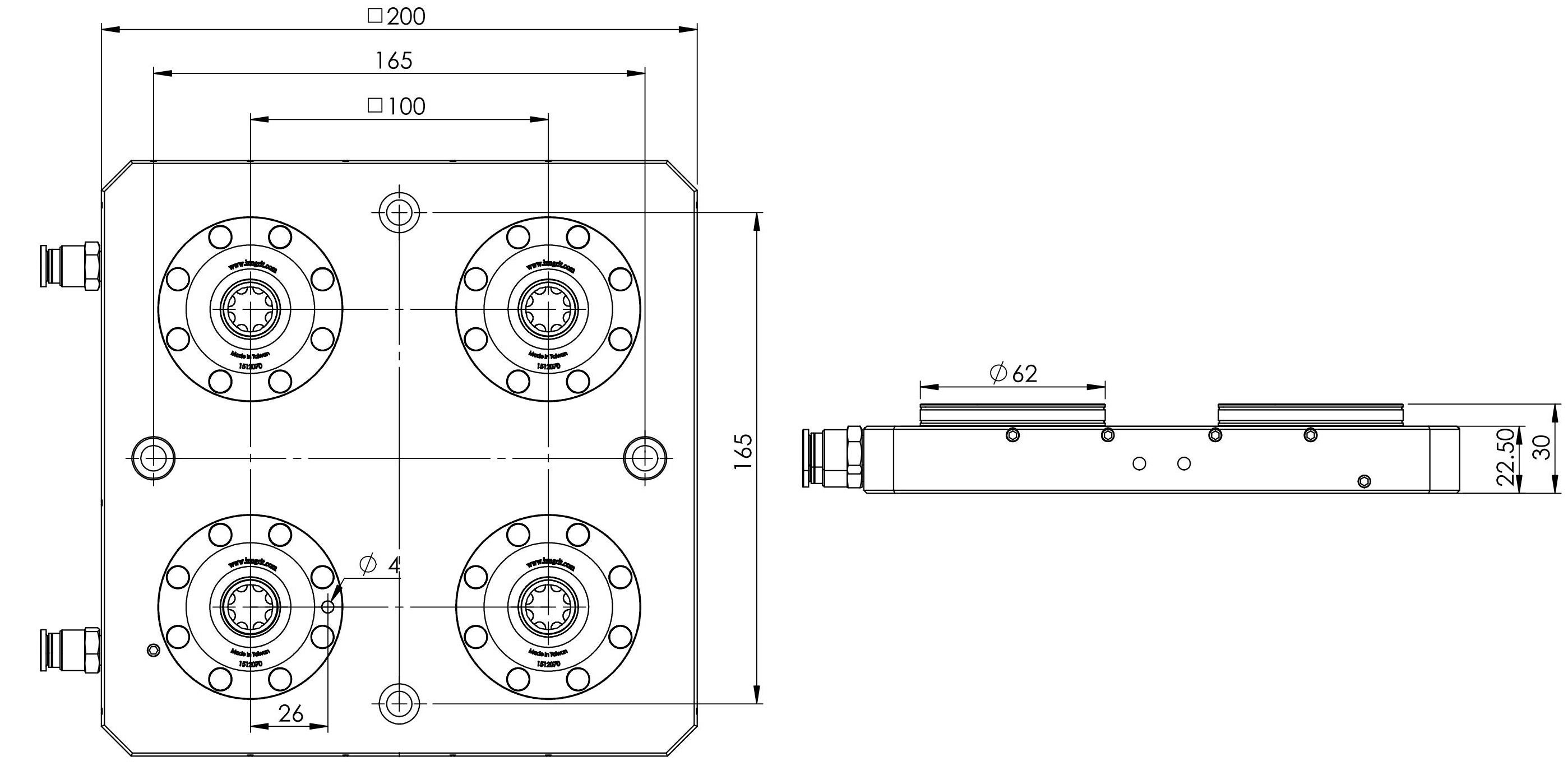 Basiseinheit mit viel pneumatischen 62 mm Spanntöpfen und einer Indexierbohrung.