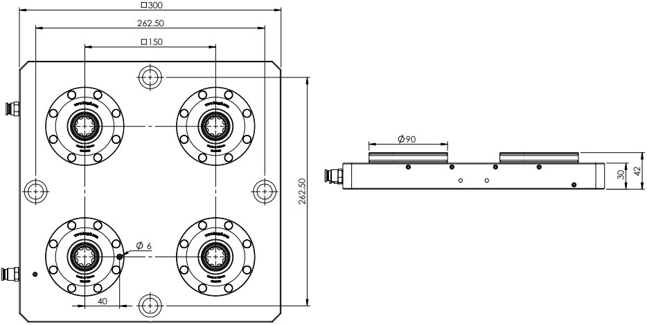 Basiseinheit mit viel pneumatischen 62 mm Spanntöpfen und einer Indexierbohrung.