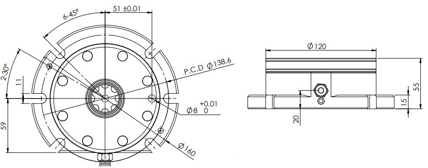 Spanntopf mit Flansch 120 mm, pneumatisch, mit Indexierbohrung von INNGRIT für präzise Spanntechnik in der CNC-Bearbeitung