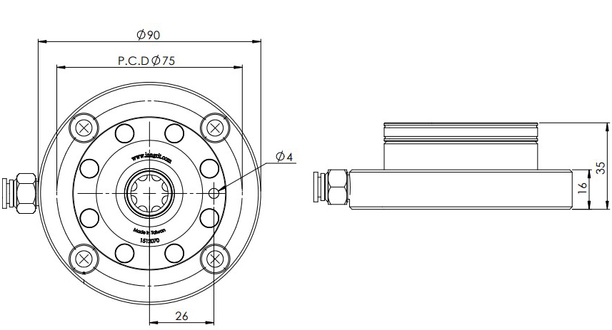 Spanntopf mit Flansch 62 mm, pneumatisch, mit Indexierbohrung von INNGRIT für präzise Spanntechnik in der CNC-Bearbeitung