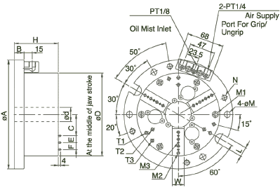 technische Zeichnung Spannstock MTK 3-Backen Chandox