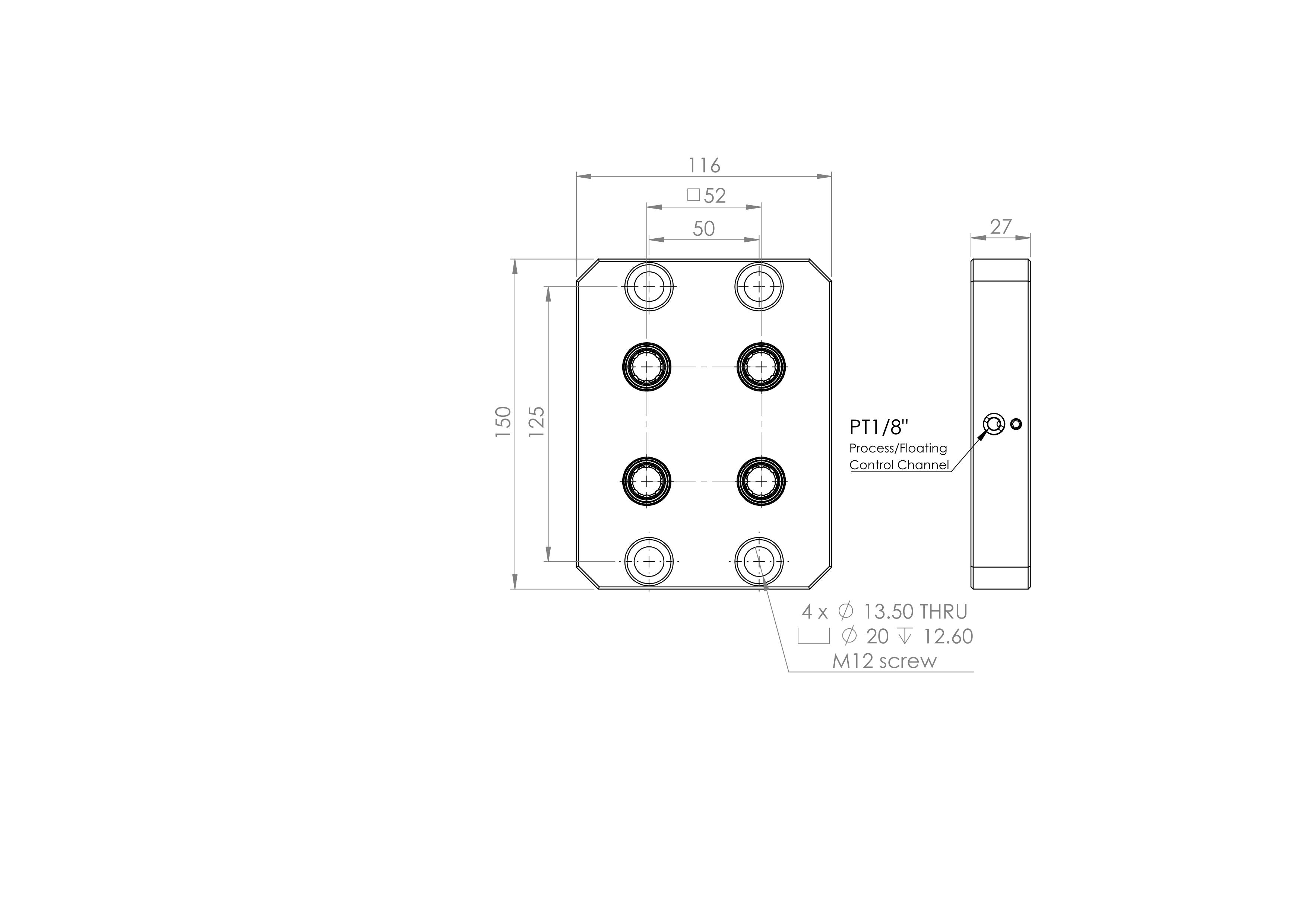 INNGRIT Einzelplatte, 4 Befestigungsbohrungen, 116x150x27mm, 52x52, ohne Ausblasfunktion