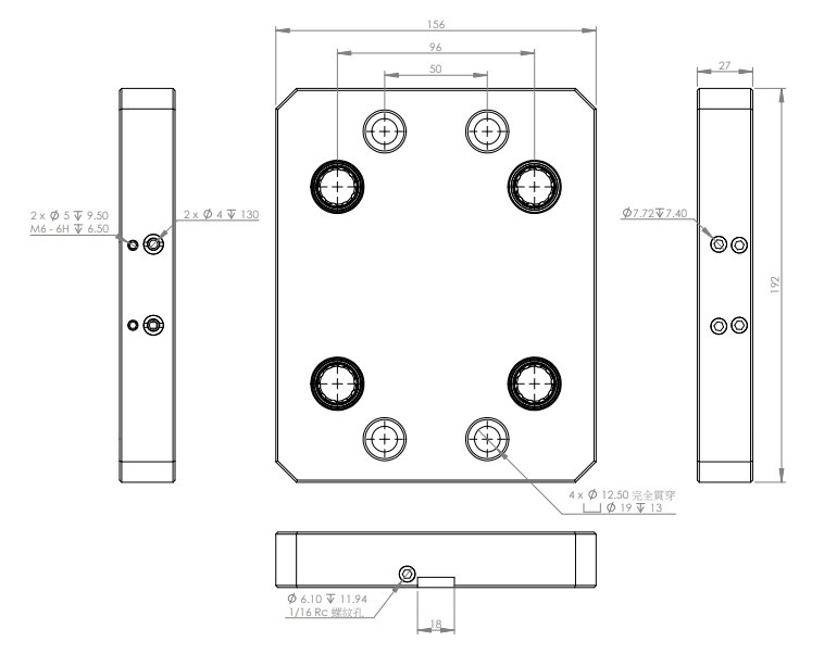 INNGRIT Einzelplatte, 4 Befestigungsbohrungen, 192x156x27mm, 96x96, mit Ausblasfunktion