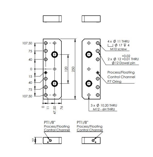 INNGRIT Brückenadapter, 120 mm Stichmaß, 250x76x27mm, 96x96, ohne Ausblasfunktion