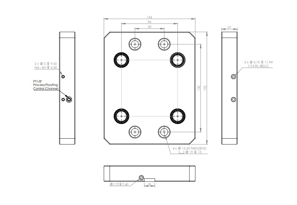 INNGRIT Einzelplatte, 4 Befestigungsbohrungen, 192x156x27mm, 96x96, ohne Ausblasfunktion