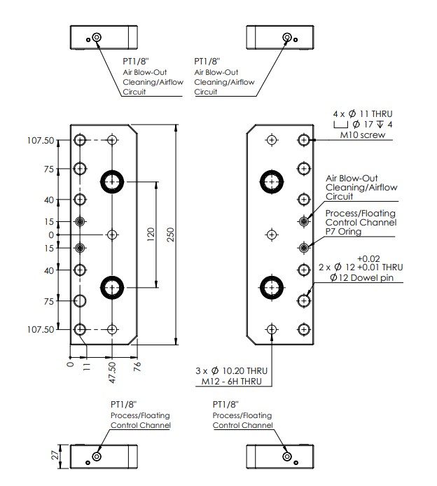 INNGRIT Brückenadapter, 120 mm Stichmaß, 250x76x27mm, 96x96, mit Ausblasfunktion