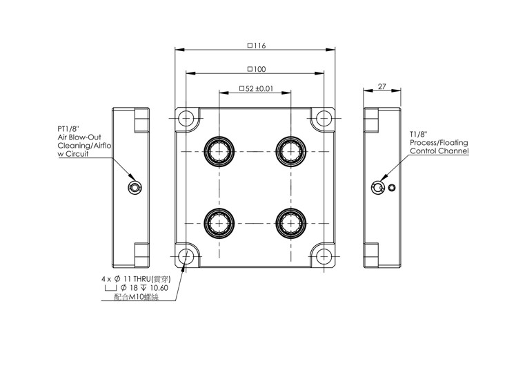 INNGRIT Einzelplatte, 4 Befestigungsbohrungen, 116x116x27mm, 52x52, ohne Ausblasfunktion