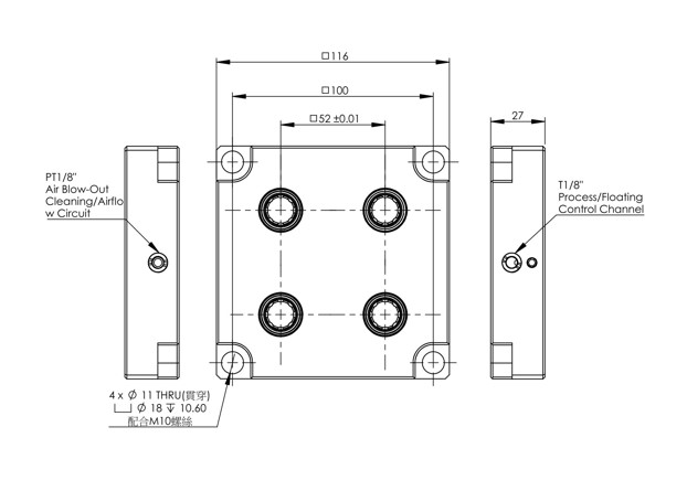 INNGRIT Einzelplatte, 4 Befestigungsbohrungen, 116x116x27mm, 52x52, mit Ausblasfunktion